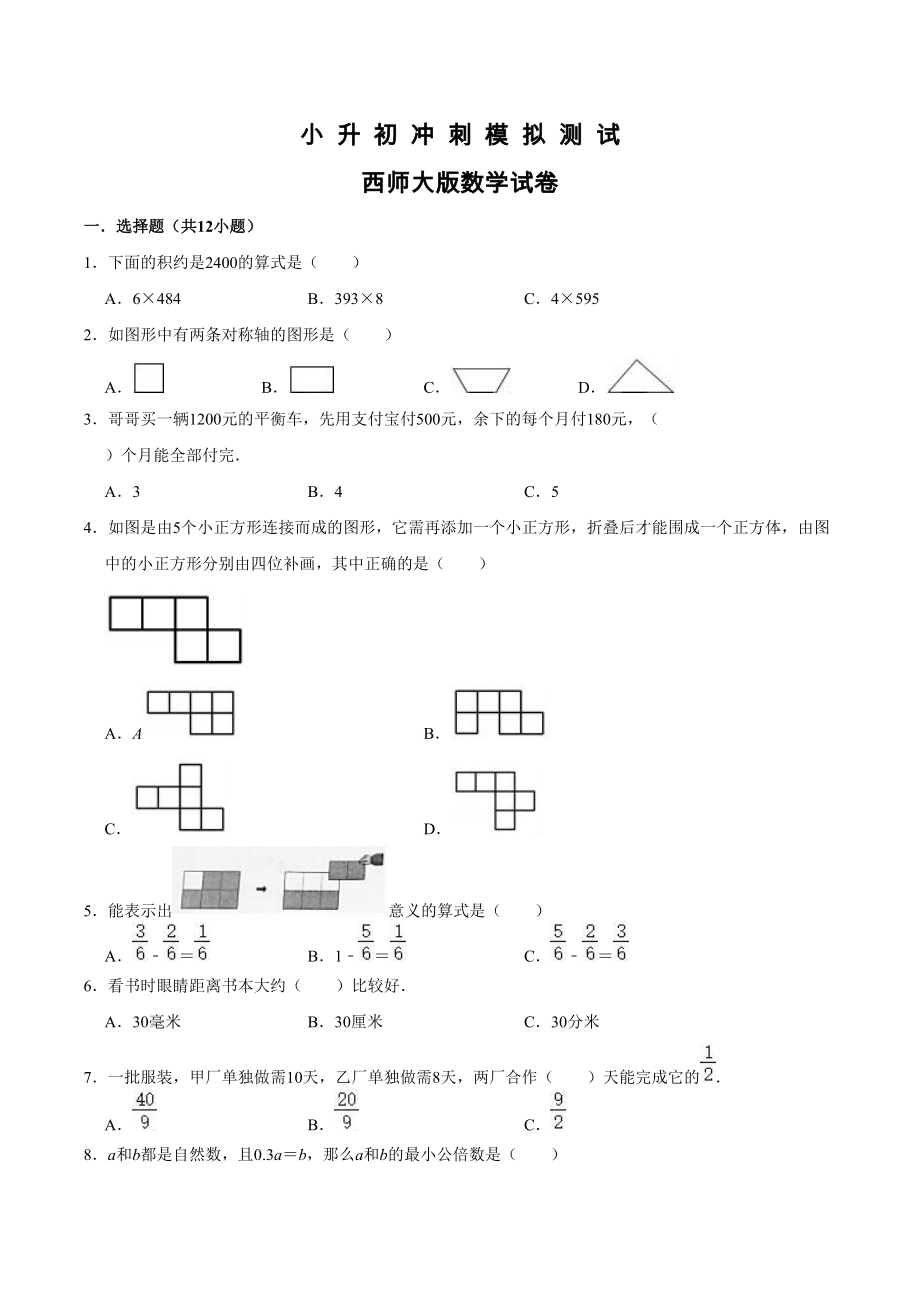 西师大版六年级小升初数学测试卷含答案解析_第1页