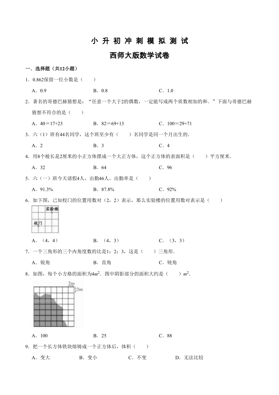 西师大版小升初数学模拟卷含答案解析_第1页