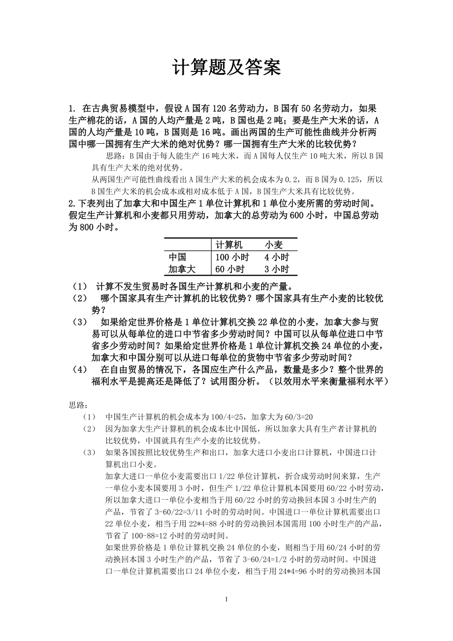 国际经济学计算题及答案_第1页