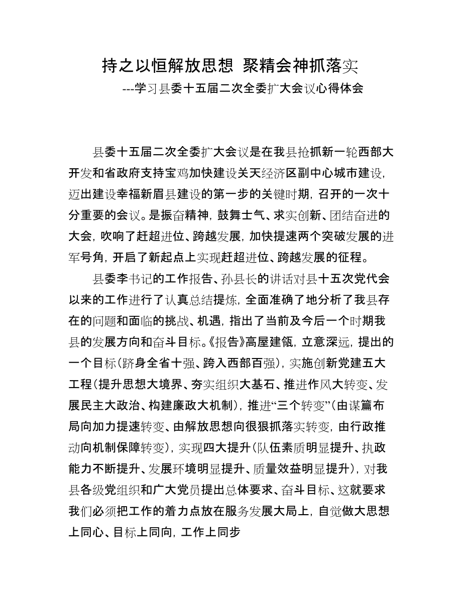 持之以恒解放思想聚精會神抓落實學(xué)習(xí)縣委十五二次全委擴大會議心得體會_第1頁