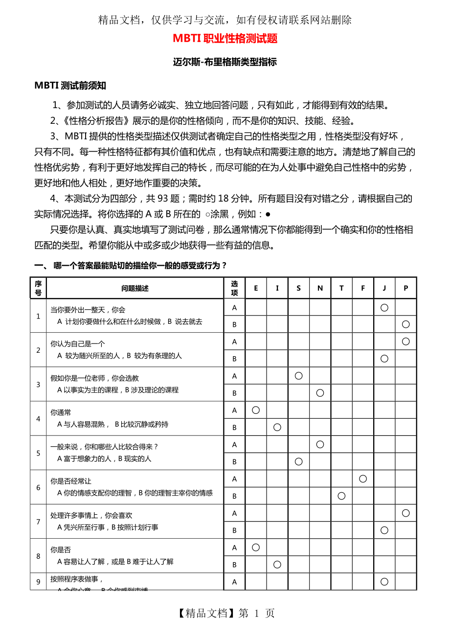 mbti职业性格测试题目与答案附带表格