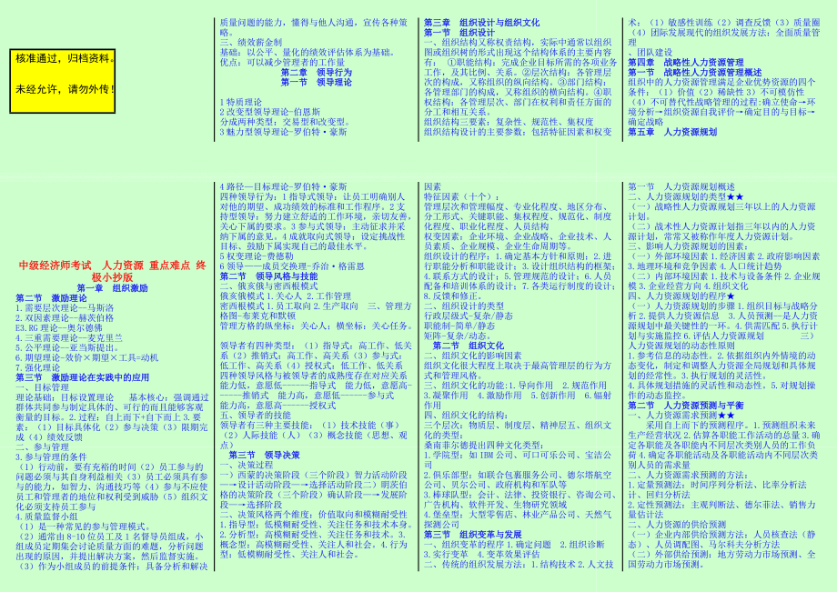 中級(jí)經(jīng)濟(jì)師考試人力資源重點(diǎn)難點(diǎn)終極小抄版小紙條_第1頁