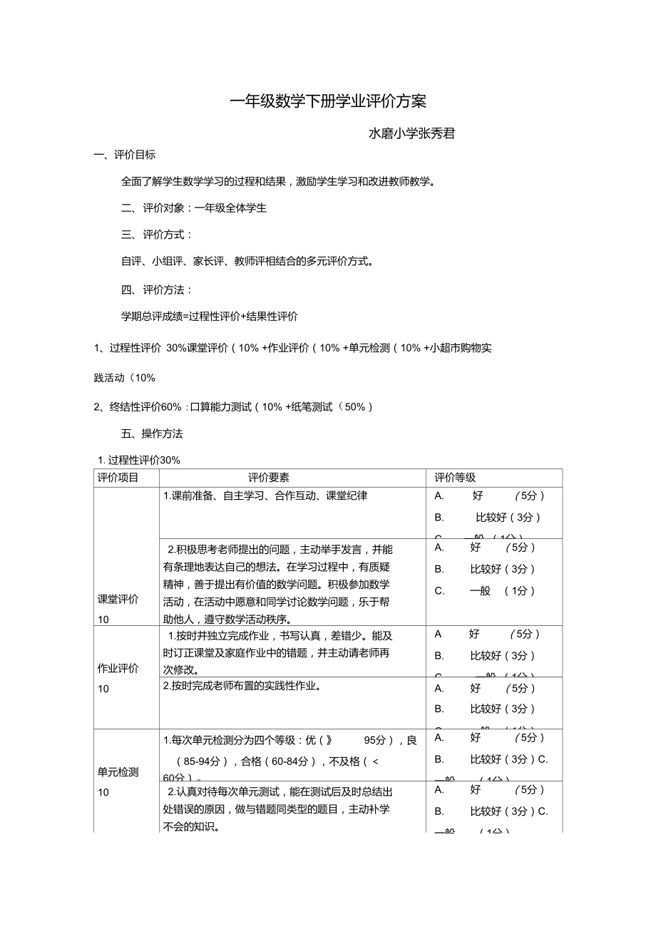 一年級(jí)下冊(cè)數(shù)學(xué)學(xué)業(yè)評(píng)價(jià)方案_第1頁