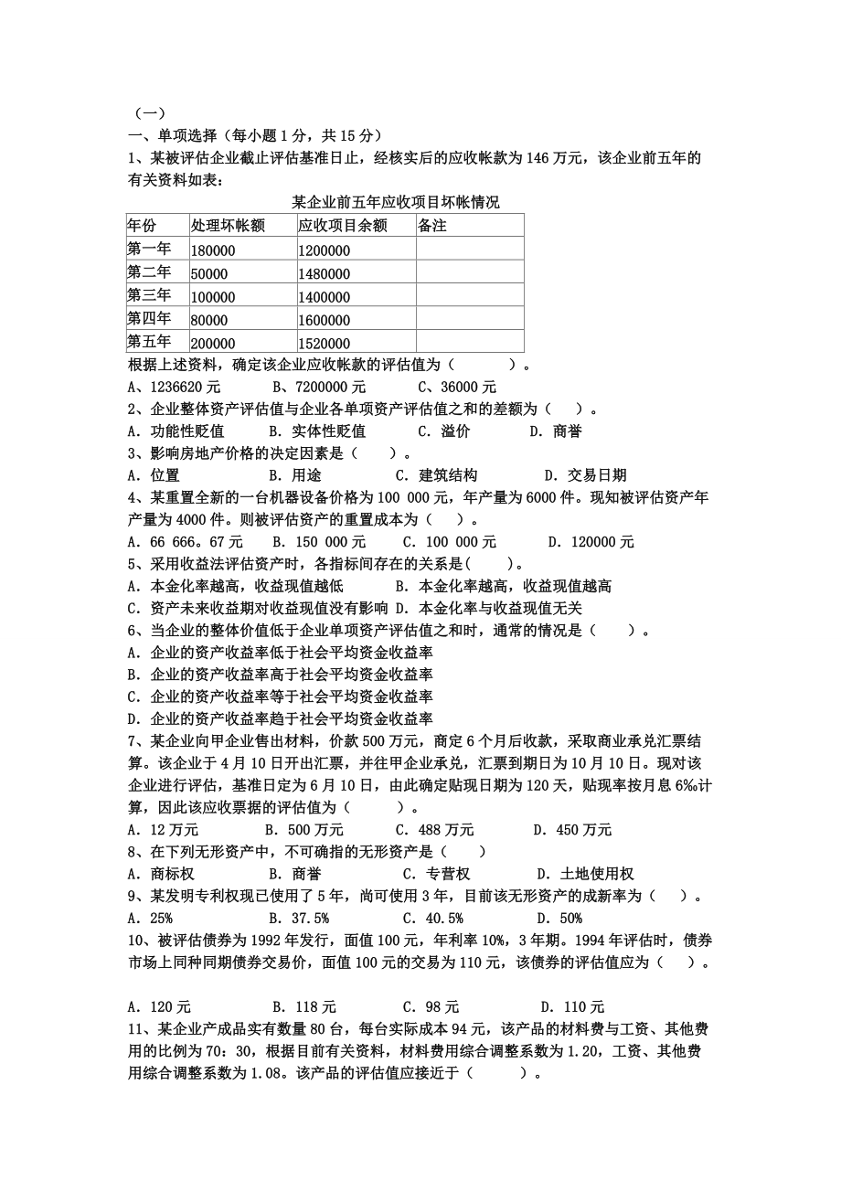 資產(chǎn)評估學(xué)近四年期末考試卷及答案_第1頁