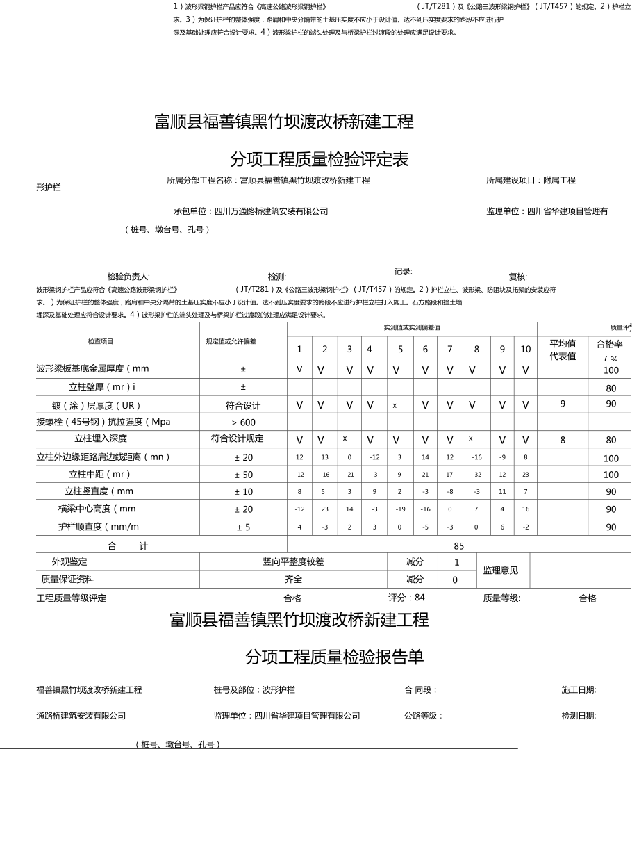 波形护栏质量检验评定表报告单_第1页