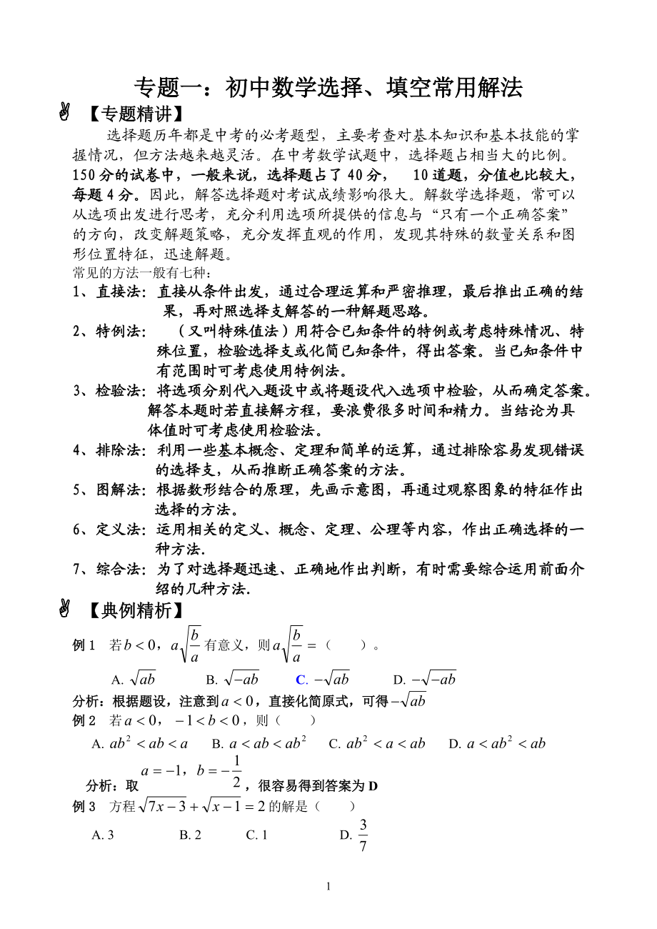 专题一初中数学选择填空常用解法_第1页