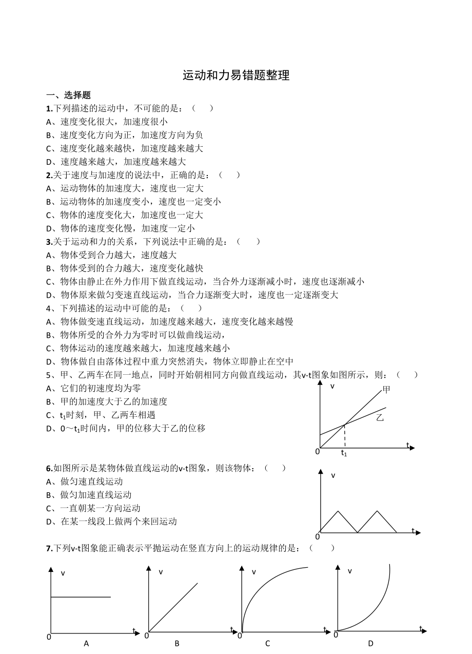 2021屆高考物理一輪復(fù)習(xí)：運動和力易錯題整理_第1頁