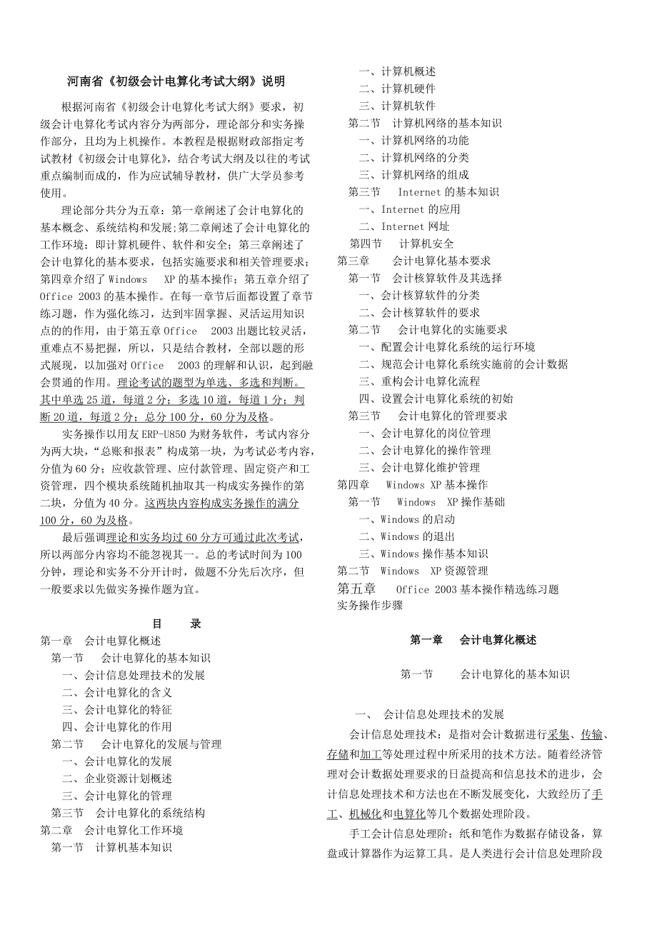 河南省初级会计电算化考试大纲说明_第1页