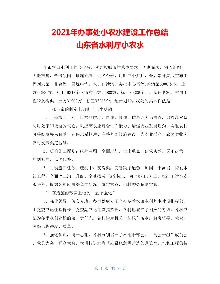 2021年办事处小农水建设工作总结山东省水利厅小农水_第1页