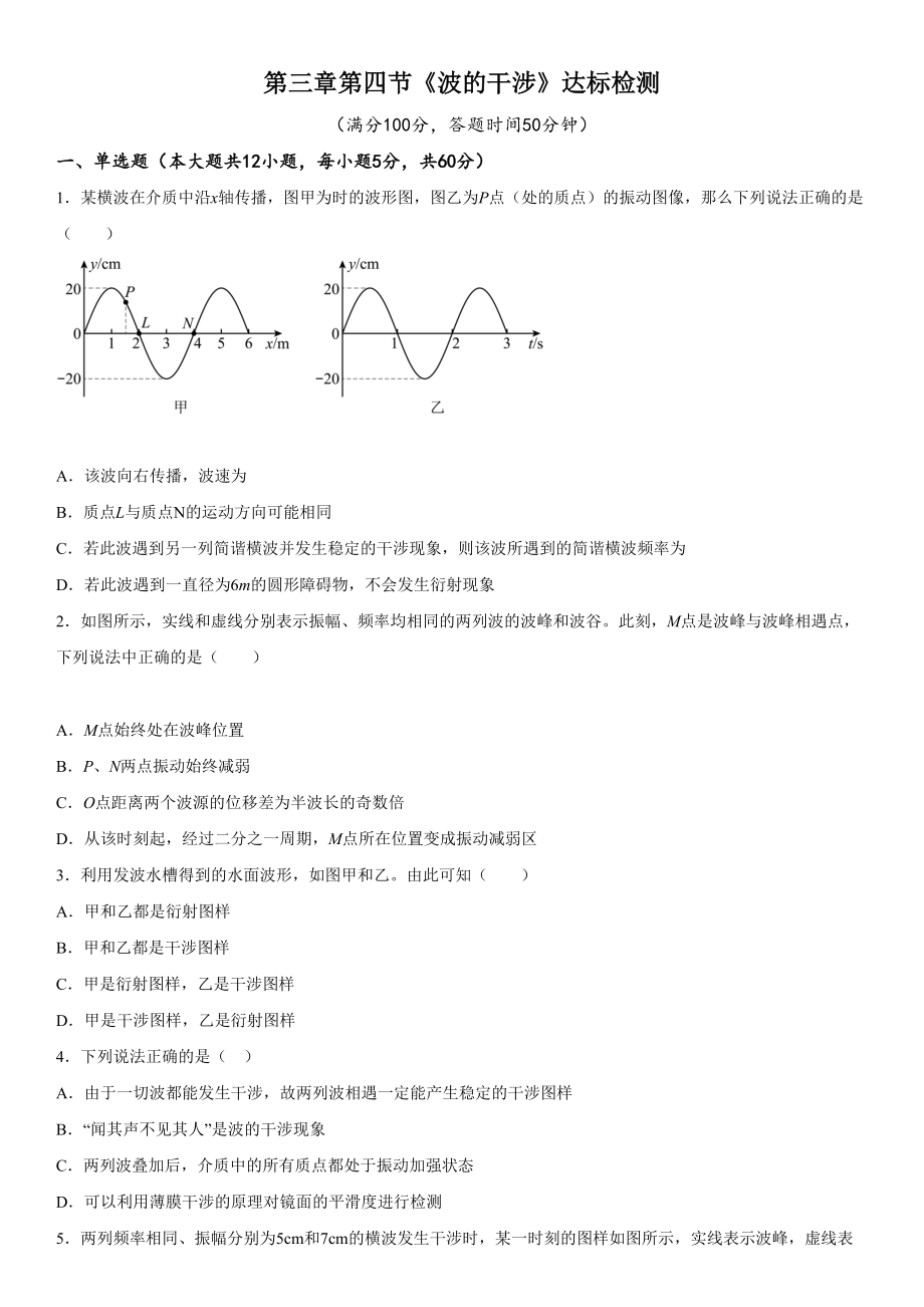 波的干涉 同步練習—2021-2022學年高二上學期物理人教版（2019）選擇性必修第一冊_第1頁