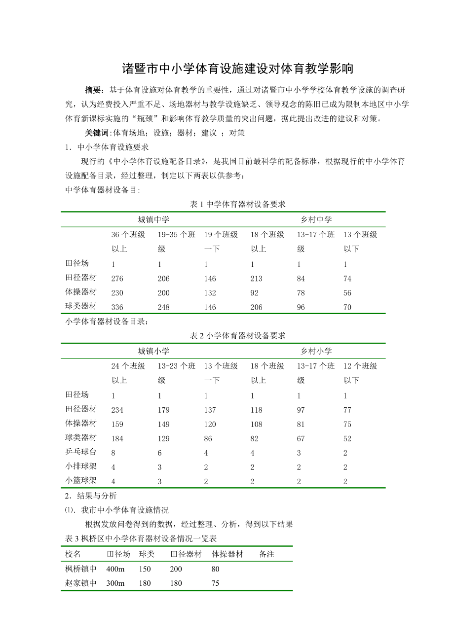 诸暨市中小学体育设施建设对体育教学影响_第1页