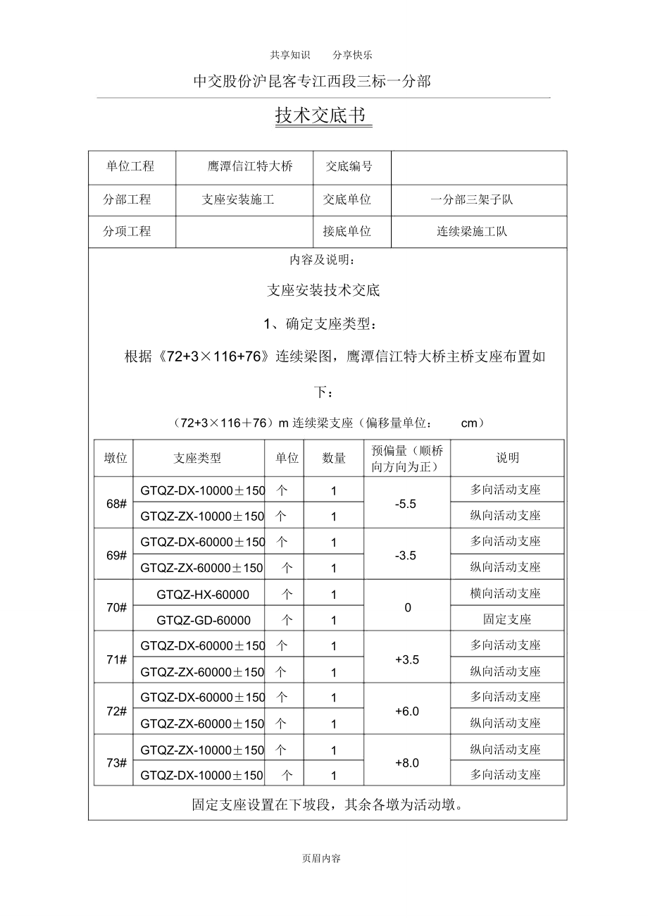 球型支座安装技术交底书_第1页