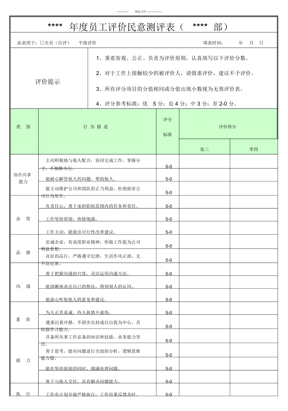 員工評價民意測評表廣泛適用