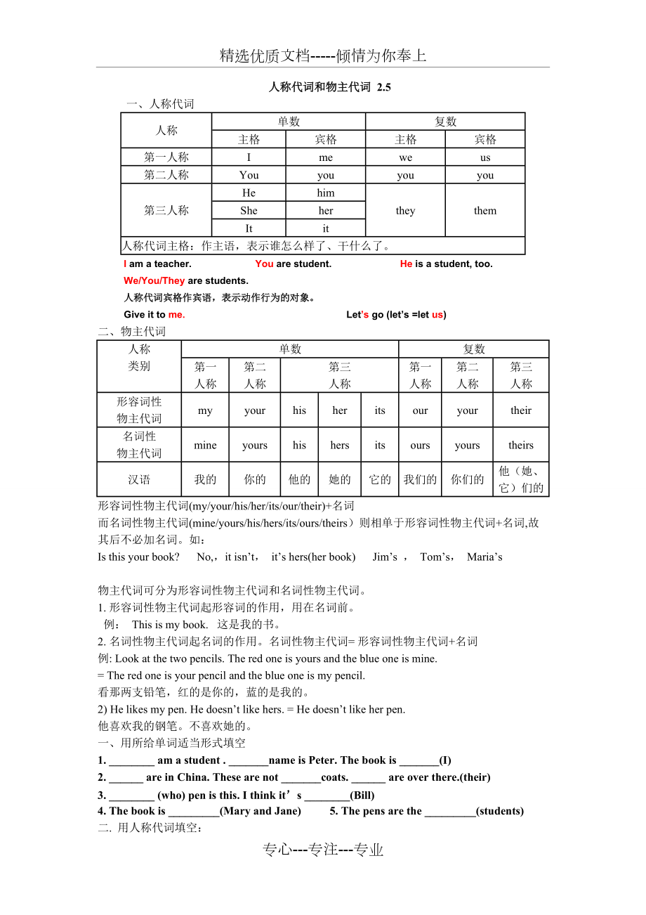 主格賓格物主代詞講解及練習總結共4頁