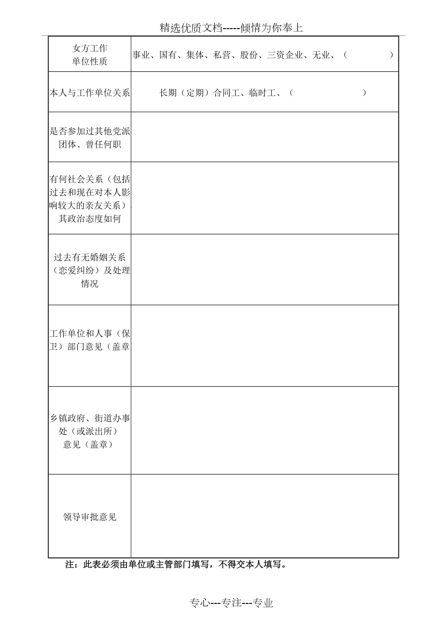 结婚函调报告表a4双面打印共2页