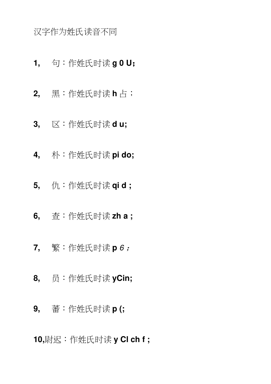 汉字作为姓氏读音不同_第1页