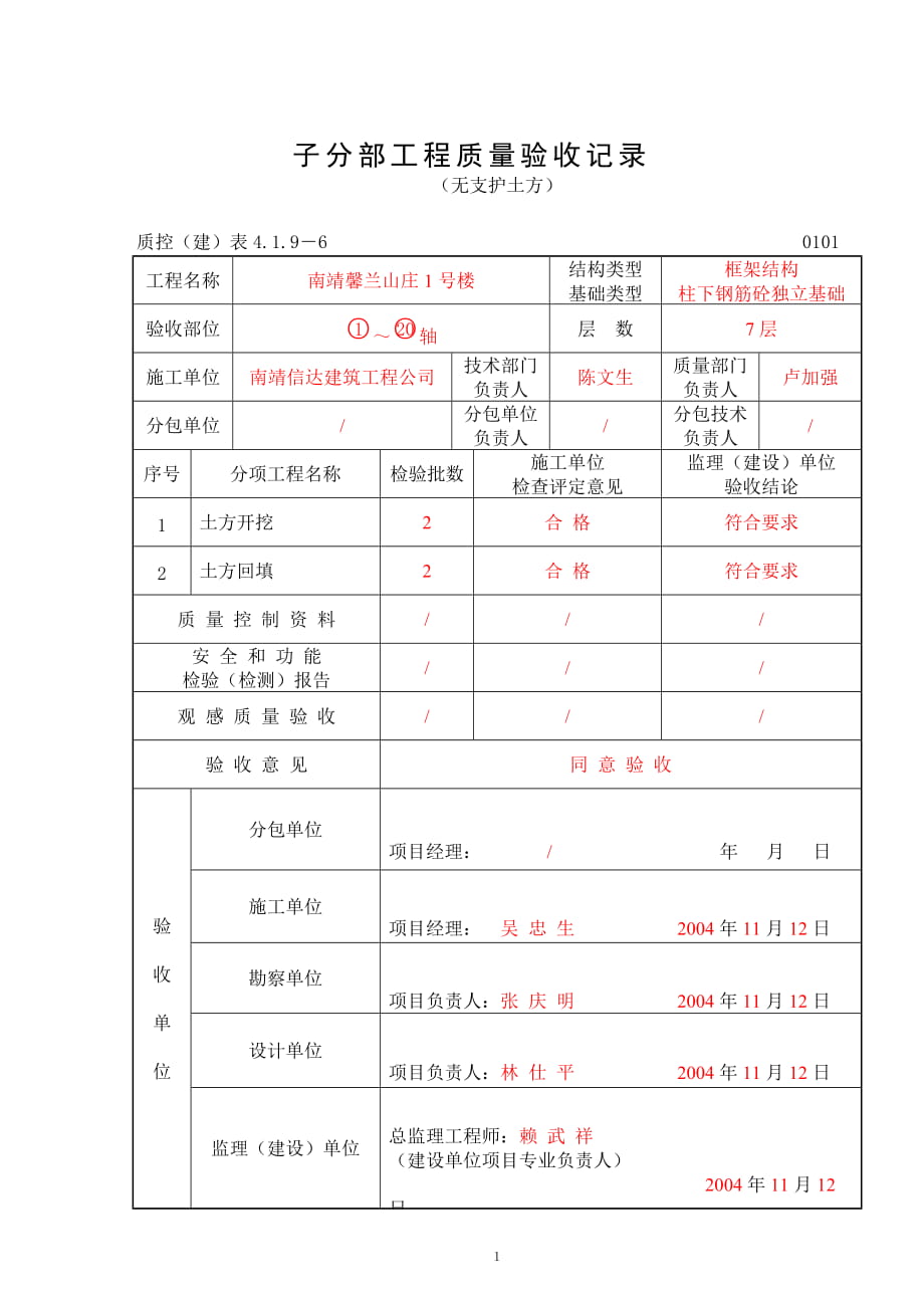 最新版福建省分部子分部工程质量验收记录表格填写实例汇编