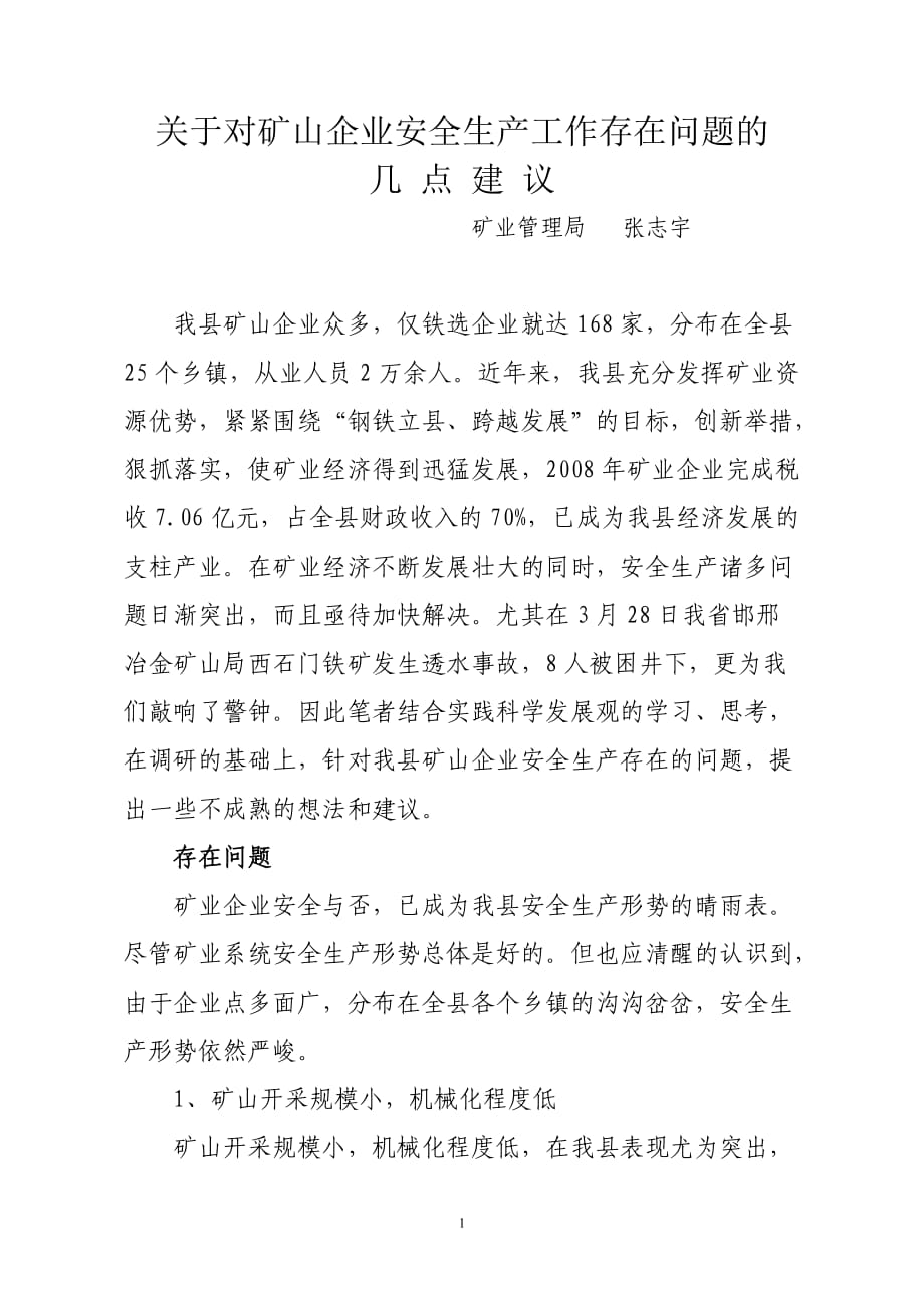 关于对矿山企业安全生产工作存在问题的几点建议_第1页