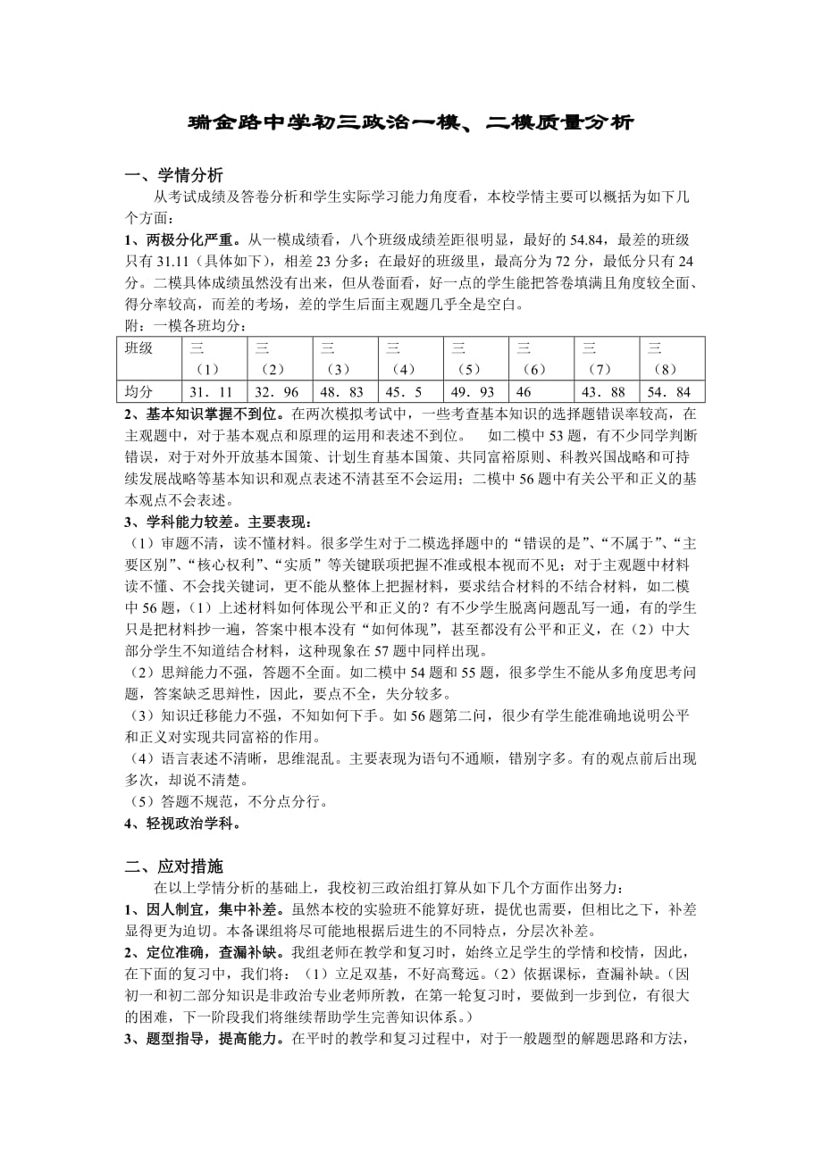 瑞金路中學(xué)初三政治一模二模質(zhì)量分析_第1頁