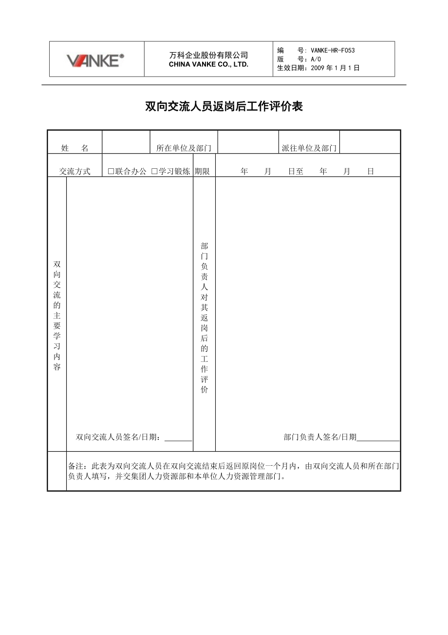 双向交流人员返岗后工作评价表 万科地产HR手册_第1页