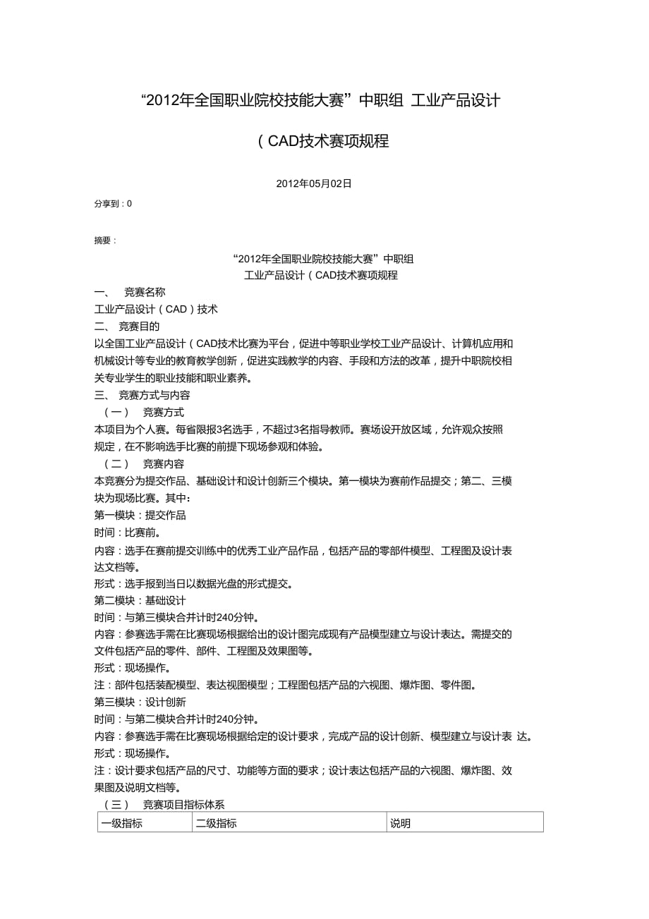 【】全國職業(yè)院校技能大賽中職組工業(yè)產品設計CAD技術賽項規(guī)程_第1頁