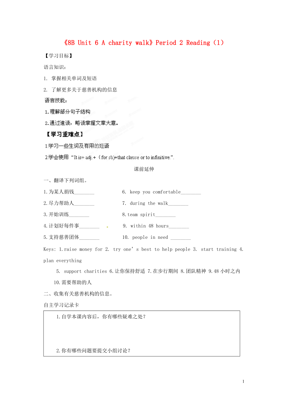 初級中學(xué)八年級英語下冊《8B Unit 6 A charity walk》Period 2 Reading（1）學(xué)案（無答案） 牛津版_第1頁