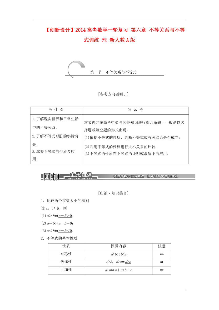 【創(chuàng)新設(shè)計】高考數(shù)學(xué)一輪復(fù)習(xí) 第六章 不等關(guān)系與不等式訓(xùn)練 理 新人教A版_第1頁