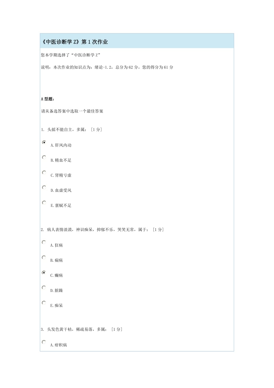 《中醫(yī)診斷學(xué)Z》第14次作業(yè)_第1頁