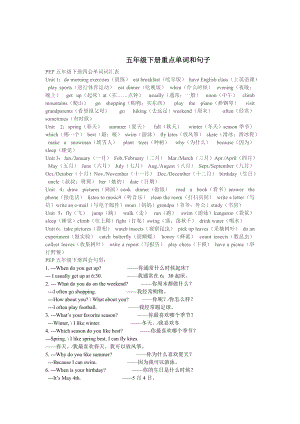 【小學(xué) 五年級(jí)英語(yǔ)】五年級(jí)下冊(cè)重點(diǎn)單詞和句子 共（2頁(yè)）