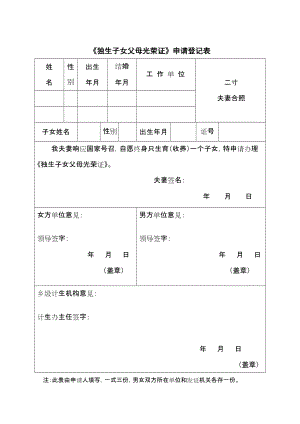 《獨(dú)生子女父母光榮證》申請登記表