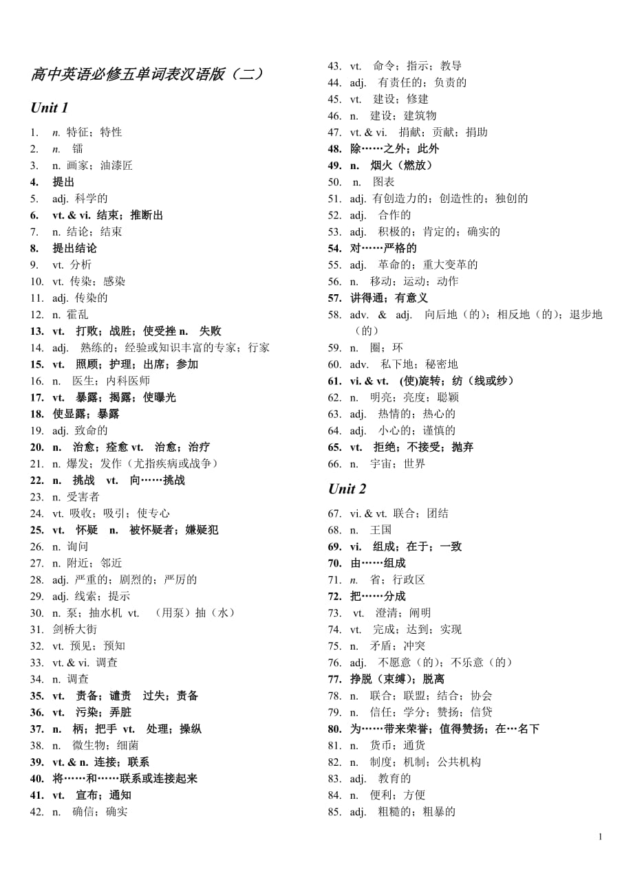 高中英语必修五单词表汉语版_第1页