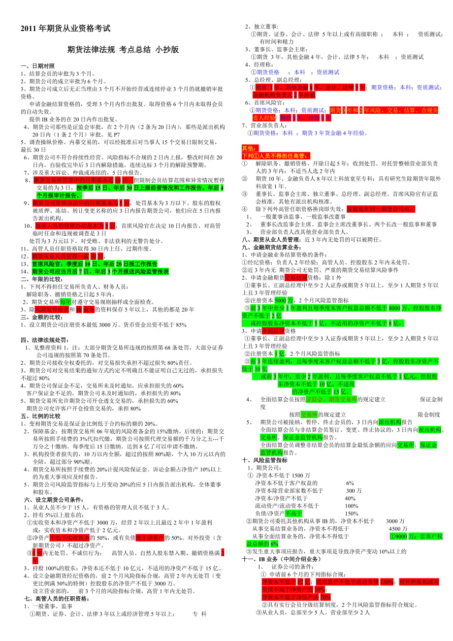 期貨從業(yè)資格考試期貨法律法規(guī) 考點總結(jié) 小抄版_第1頁