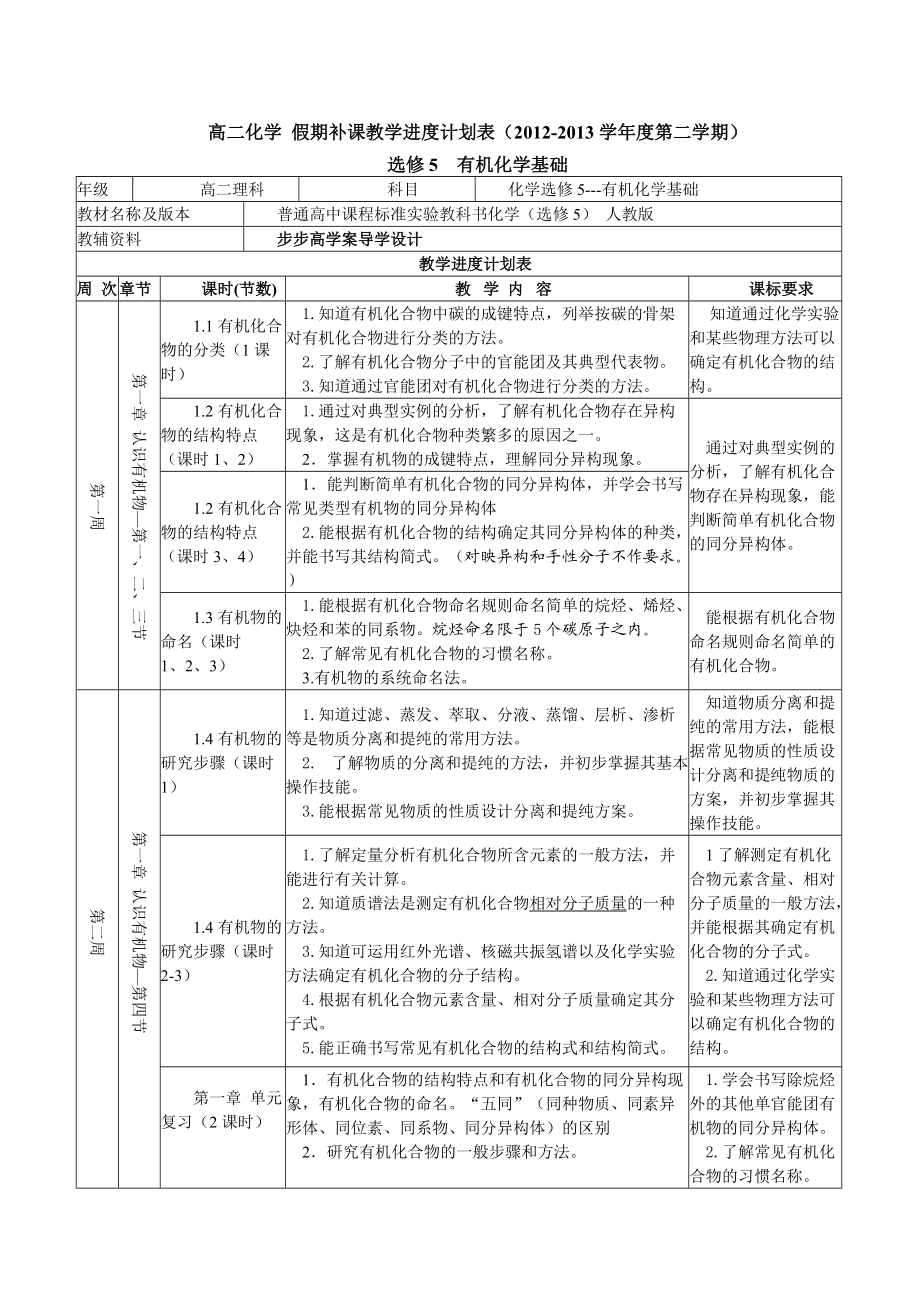 高二化學(xué) 選修5教學(xué)進度計劃表_第1頁