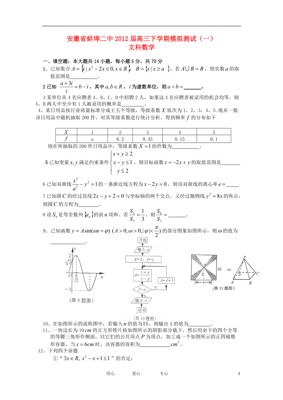 安徽省蚌埠二中高三數(shù)學下學期模擬測試(一)文新人教A版【會員獨享】_第1頁