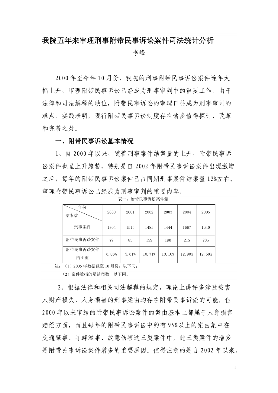 我院五年來(lái)審理刑事附帶民事訴訟案件司法統(tǒng)計(jì)分析_第1頁(yè)