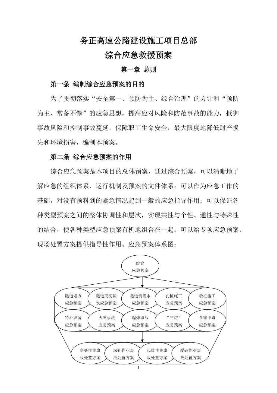 高速公路建設施工項目總部綜合應急救援預案_第1頁