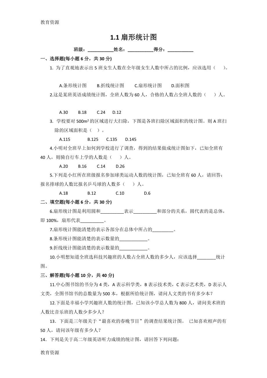 【教育資料】六年級下冊數(shù)學(xué)同步練習(xí)1.1扇形統(tǒng)計圖_蘇教版學(xué)習(xí)專用_第1頁