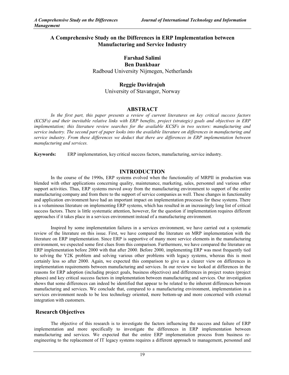 A Comprehensive Study on the Differences in ERP Implementation between Manufacturing and Service Industry Farshad Salimi_第1页