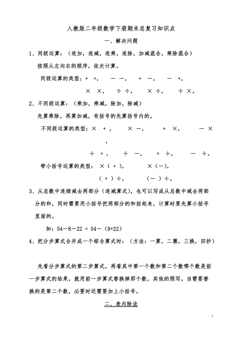 人教版二年级数学下册总复习知识点总结