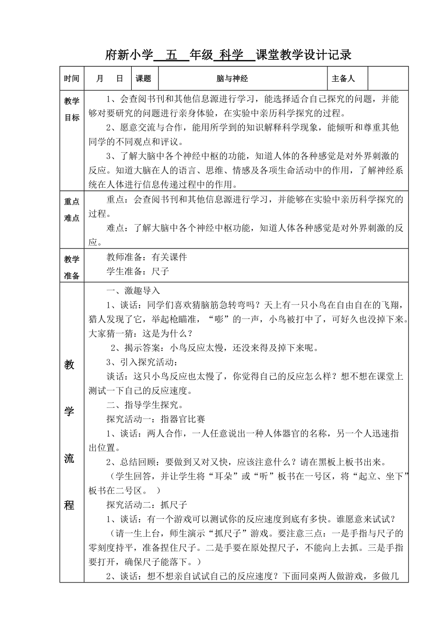 青島版小學(xué)科學(xué)五年級(jí)下冊(cè)《腦與神經(jīng)》課堂設(shè)計(jì)1_第1頁