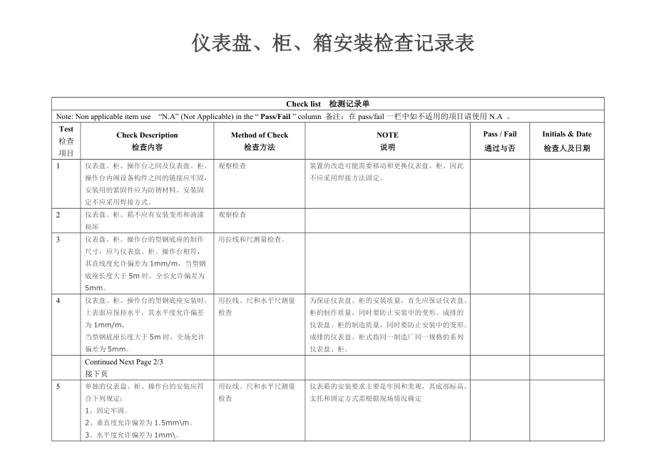 仪表盘、柜、箱安装检查记录表_第1页