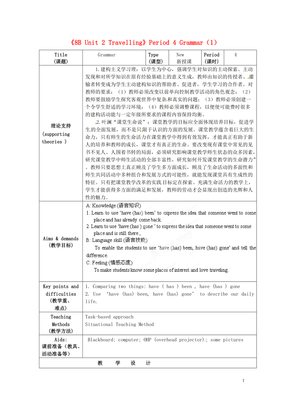 八年級(jí)英語下冊《8B Unit 2 Travelling》Period 4 Grammar（1）教案 牛津版_第1頁