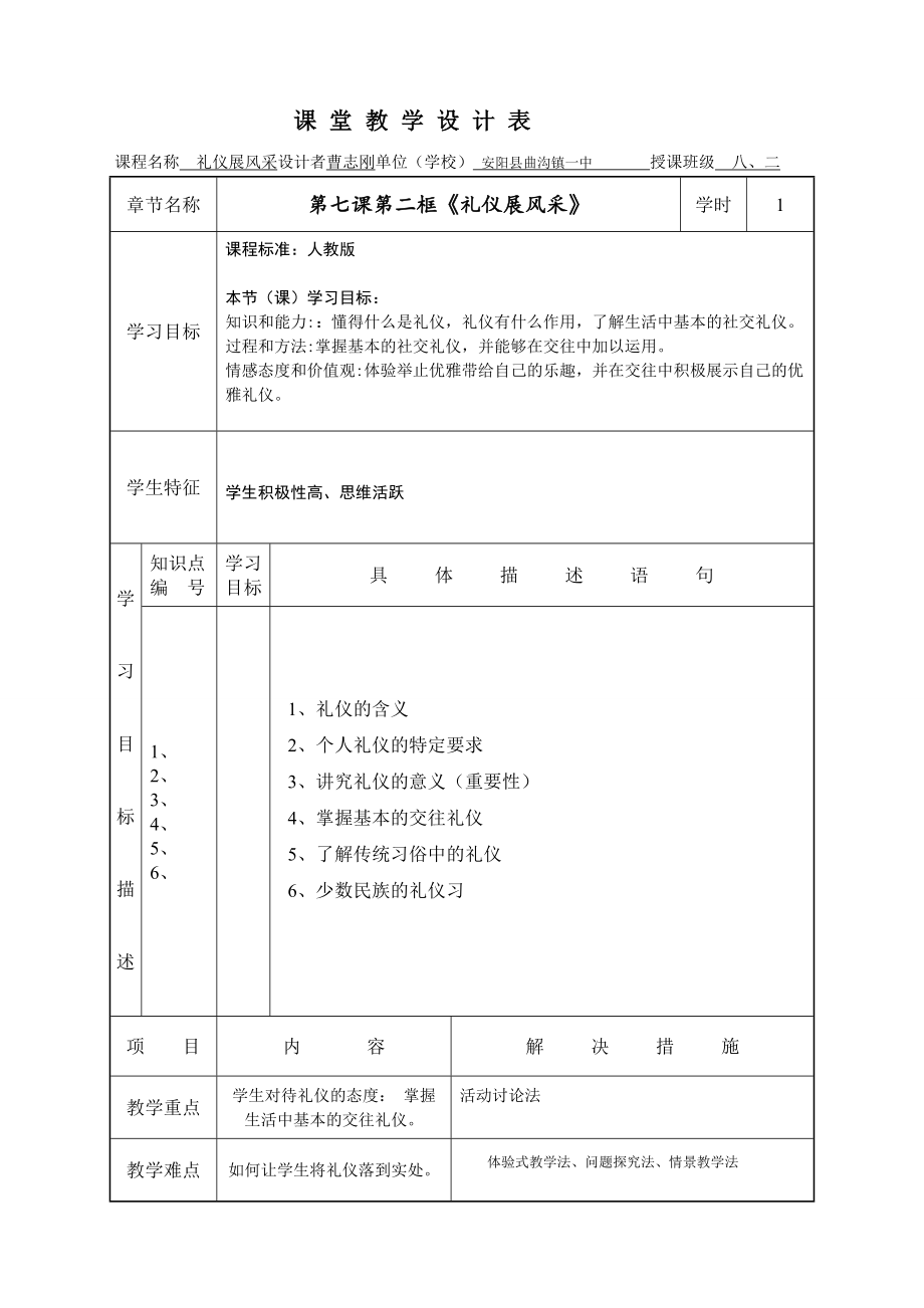 曹志剛《禮儀展風(fēng)采》課堂教學(xué)設(shè)計(jì)_第1頁