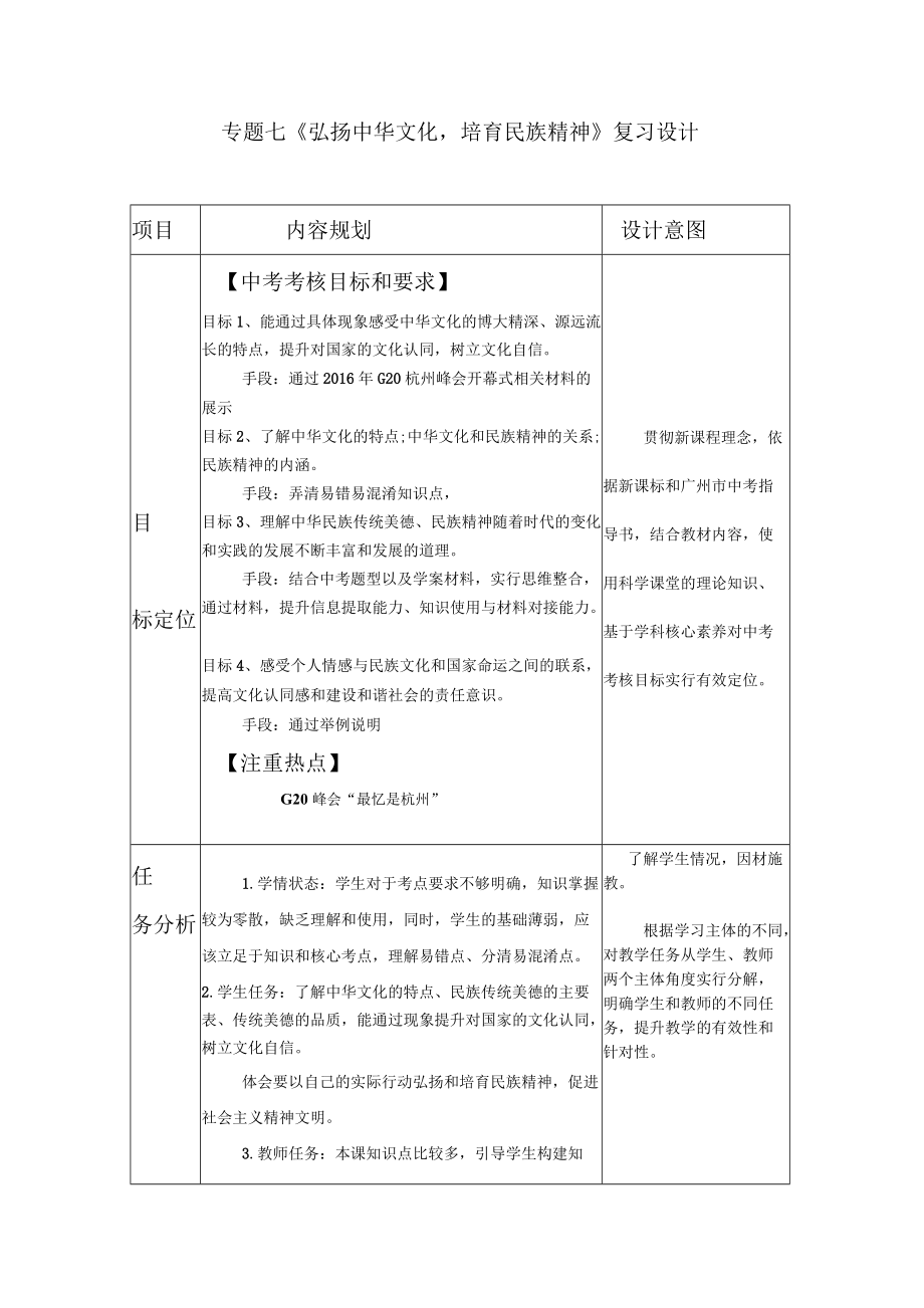 专题七《弘扬中华文化培育民族精神》教学设计设计_第1页