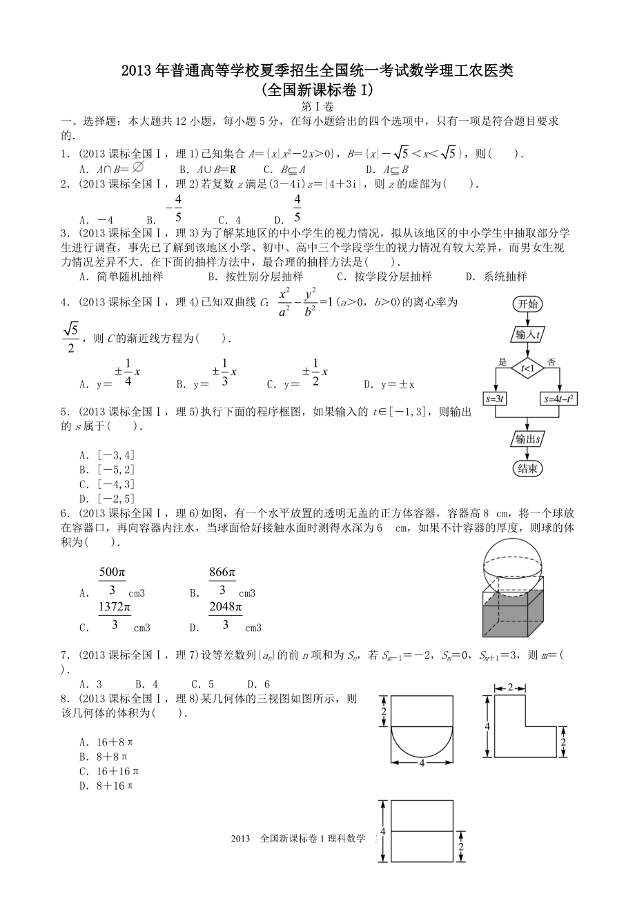 高考理科数学全国新课标卷1试题与答案word解析版_第1页