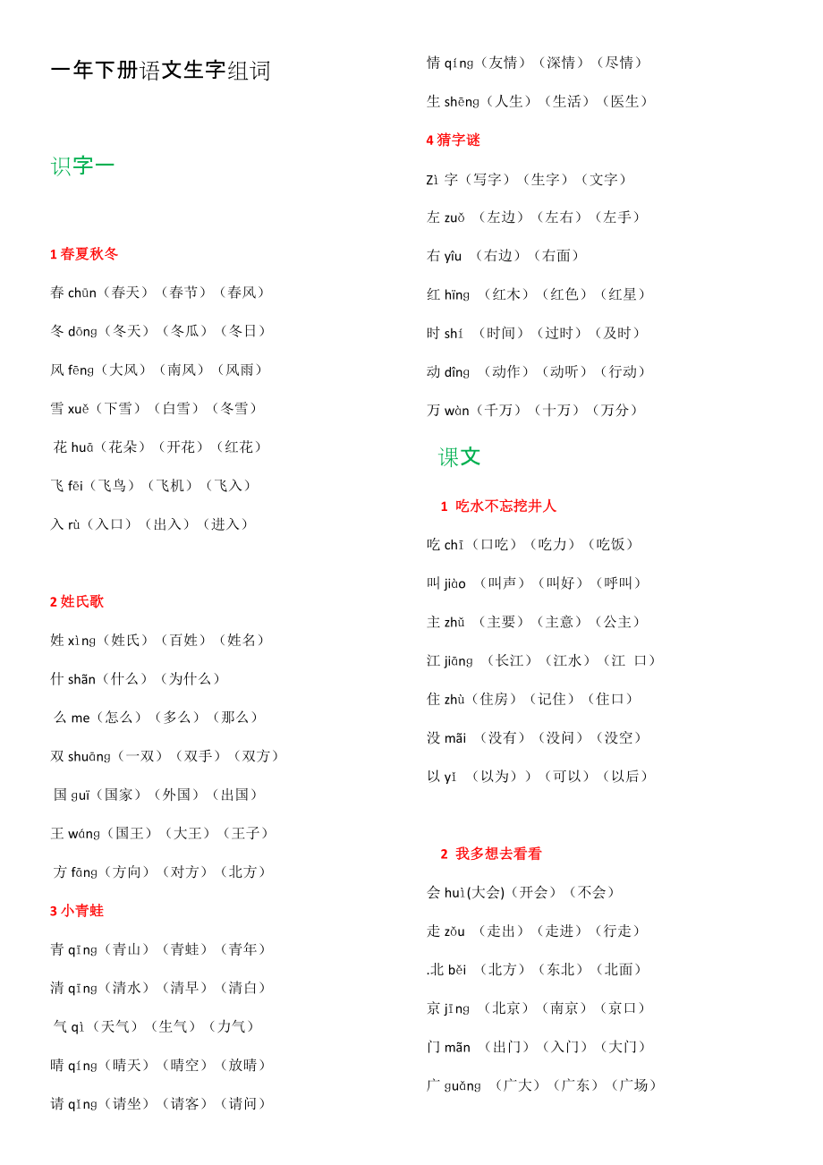 新人教版部編版小學(xué)一年級下冊生字組詞 雙彩色打印_第1頁