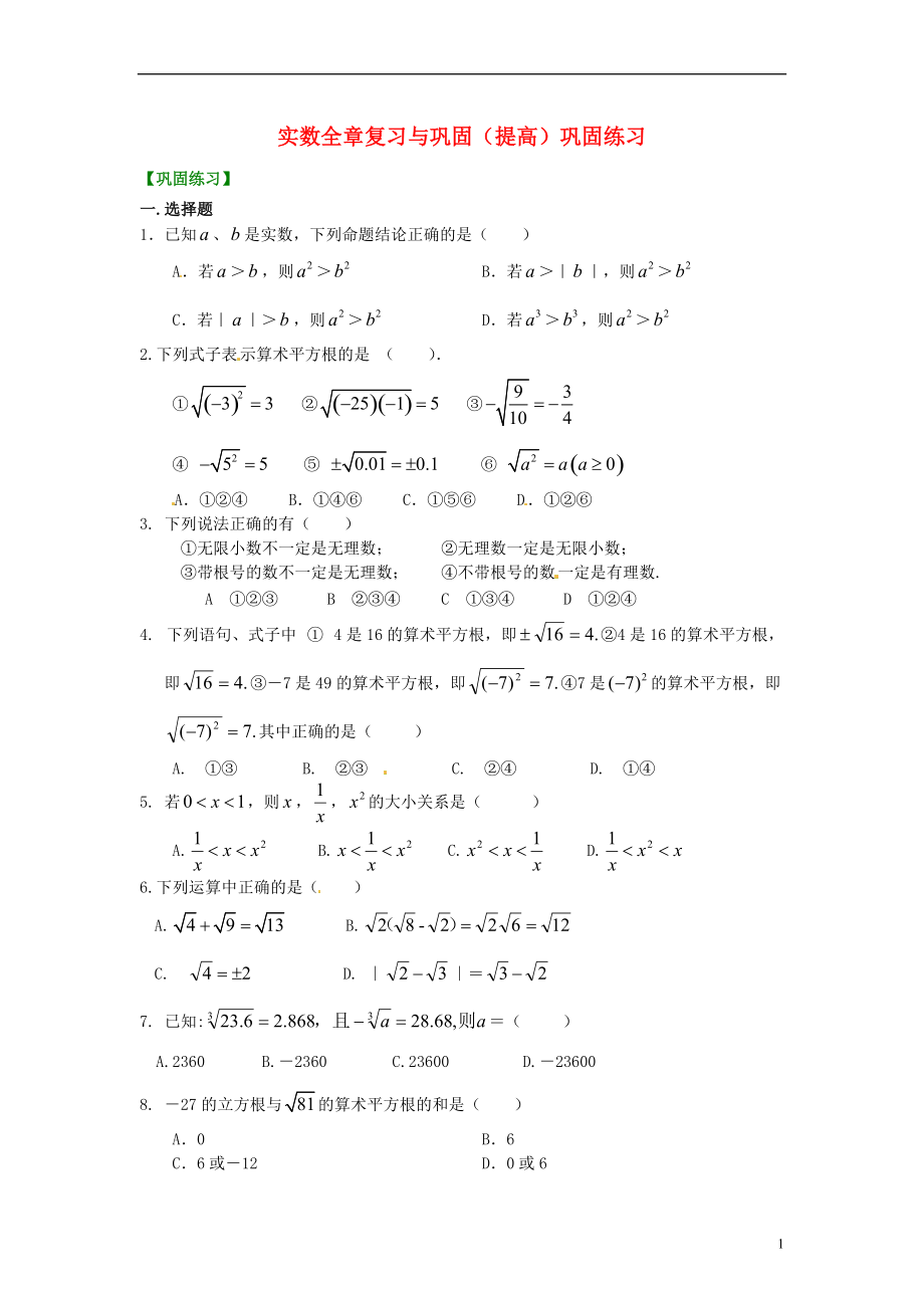 中考数学专练总复习 实数全章复习与巩固（提高）巩固练习_第1页