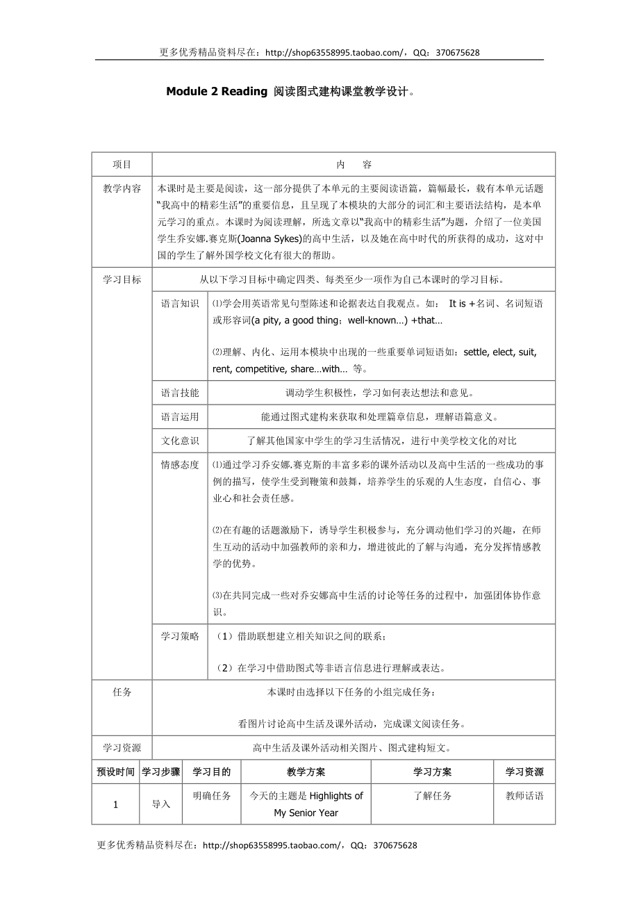 高中英語Module 2 Highlights of My Senior Year Reading 閱讀圖式建構(gòu)課堂教學(xué)設(shè)計(jì)附課后學(xué)習(xí)方案_第1頁