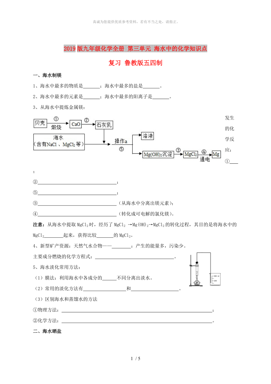 2019版九年級(jí)化學(xué)全冊(cè) 第三單元 海水中的化學(xué)知識(shí)點(diǎn)復(fù)習(xí) 魯教版五四制_第1頁(yè)