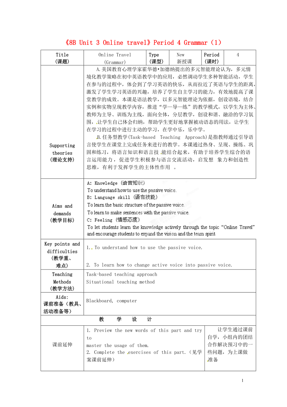 江蘇省海安縣大公初級(jí)中學(xué)八年級(jí)英語(yǔ)下冊(cè)《8B Unit 3 Online travel》Period 4 Grammar（1）教案 牛津版_第1頁(yè)